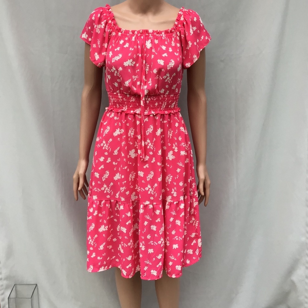Jessica Simpson Pink Floral Off Shoulder Dress XS Tiered Coquette Prairie Summer